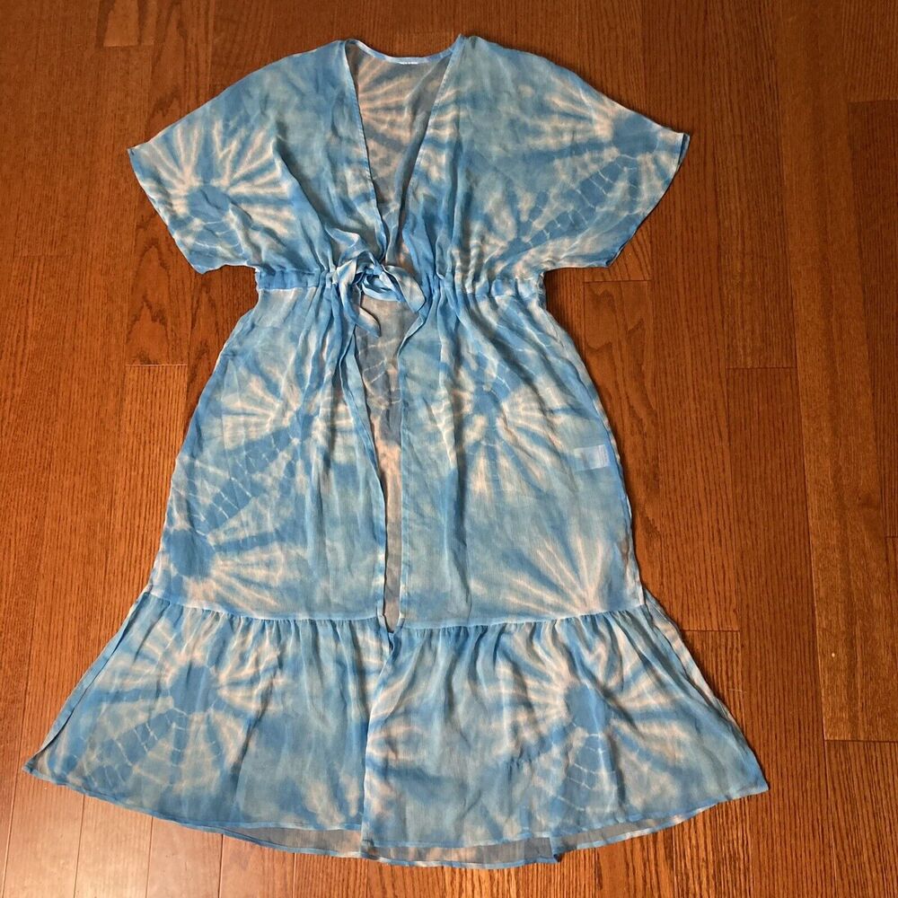 L XL sheer mesh robe blue white tie die coverup duster drawstring unbranded